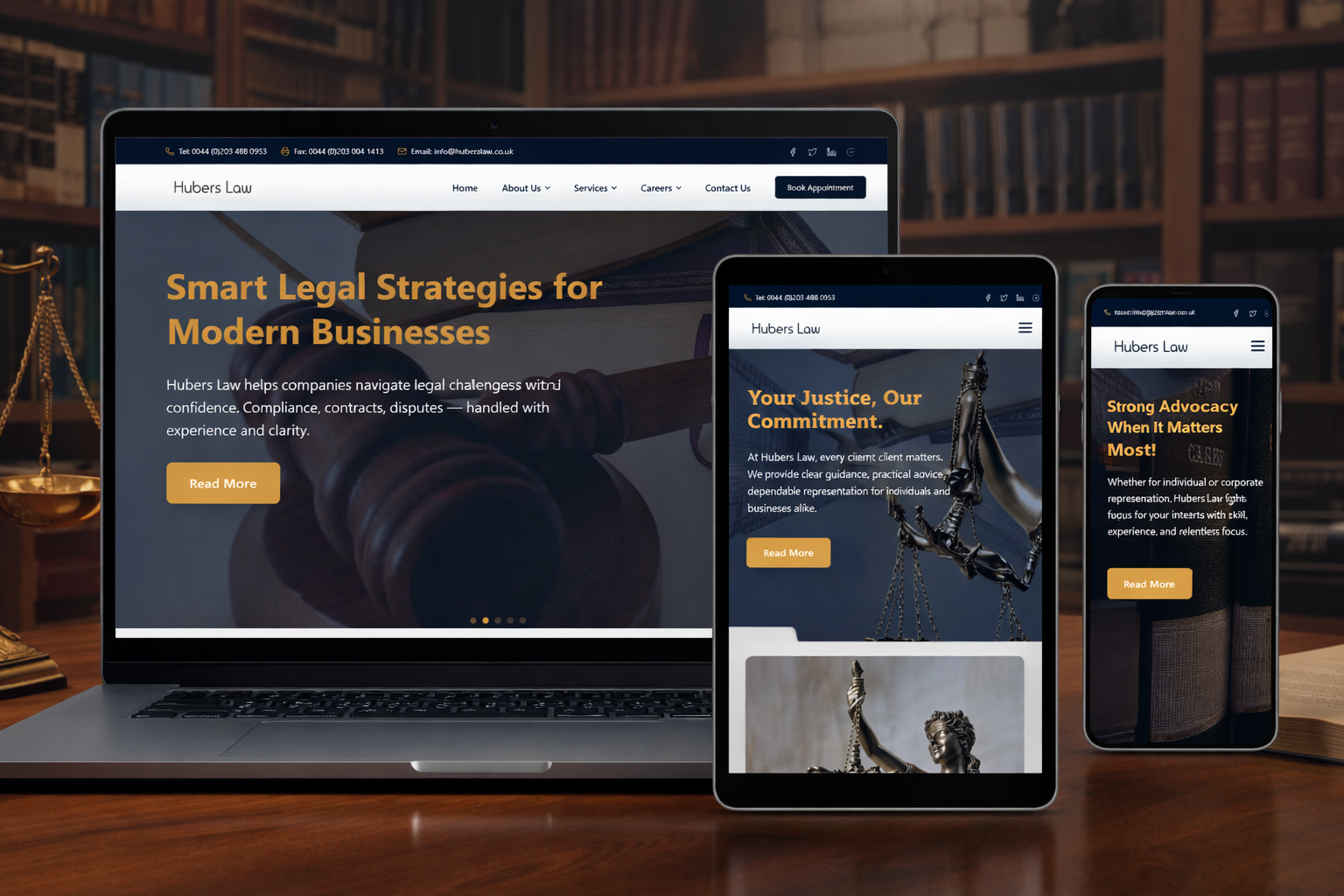 
                Responsive Hubers Law legal firm website interface shown across laptop, tablet, and mobile devices with legal office background                